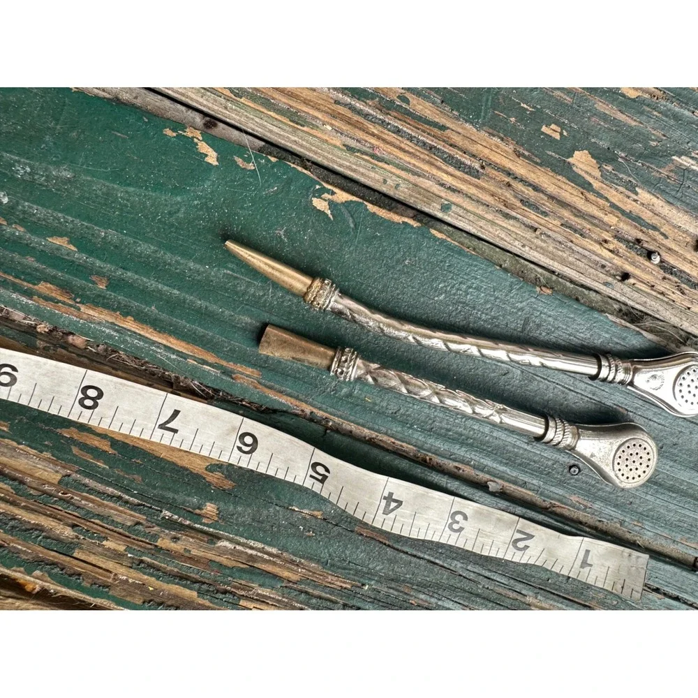 Vintage Alpaca Silver Yerba Mate Bombilla Tea Straws Set of 2 Chased Floral 8